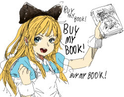 Rule 34 | 1girl, alice (alice in wonderland), alice in wonderland, apron, black bow, blonde hair, blue eyes, blue shirt, book, bow, drawfag, english text, hair bow, holding, holding book, long hair, looking at viewer, meme, shirt, simple background, sketch, solo, the critic, upper body, white apron, white background, wrist cuffs