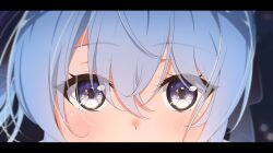 Rule 34 | 1girl, blue eyes, blue hair, blue ribbon, blush, close-up, commentary, diootaro, double-parted bangs, hair between eyes, hair ribbon, highres, hololive, hoshimachi suisei, letterboxed, looking at viewer, ribbon, solo, virtual youtuber