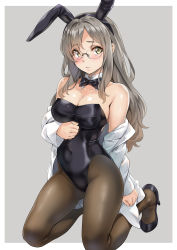 Rule 34 | 1girl, animal ears, bare shoulders, black footwear, black leotard, bow, bowtie, breasts, brown pantyhose, buttons, cleavage, coat, collarbone, covered navel, detached collar, fake animal ears, fine fabric emphasis, futaba rio, glasses, gluteal fold, grey background, grey hair, groin, hairband, high heels, highleg, highleg leotard, highres, large breasts, leotard, long hair, long sleeves, looking at viewer, nagayori, off shoulder, open clothes, open coat, pantyhose, parted lips, playboy bunny, rabbit ears, rimless eyewear, round eyewear, seishun buta yarou, sidelocks, simple background, solo, strapless, strapless leotard, thighs, white coat, yellow eyes