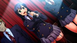 Rule 34 | 1boy, 2girls, black hair, blush, breasts, dutch angle, game cg, glasses, green eyes, grey skirt, highres, holding, kanzen jikan teishi, large breasts, legs, long hair, long sleeves, looking at viewer, microphone, multiple girls, open mouth, satsuki shiho, school uniform, skirt, small breasts, smile, standing, talking, thighhighs, thighs, uo denim