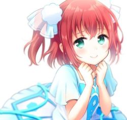 Rule 34 | 1girl, aqua dress, aqua eyes, aqua ribbon, aqua skirt, artist name, artist request, blush, breasts, clenched hands, collarbone, dress, female focus, frilled skirt, frills, green eyes, hair between eyes, hair ornament, hair ribbon, kurosawa ruby, looking at viewer, love live!, love live! sunshine!!, miniskirt, naka (14723tf), parted lips, plaid, plaid dress, plaid skirt, pleated, pleated dress, pleated skirt, pom pom (clothes), pom pom hair ornament, red hair, ribbon, short hair, short sleeves, skirt, smile, solo, twintails, two side up, water blue new world, white background, white ribbon