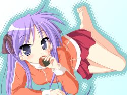 Rule 34 | 00s, 1girl, barefoot, blush, breasts, eating, feet, food, green background, hair ribbon, highres, hiiragi kagami, holding, holding food, jacket, kakesu, long hair, long sleeves, looking at viewer, lucky star, lying, orange jacket, purple eyes, purple hair, red skirt, ribbon, skirt, small breasts, soles, solo, twintails
