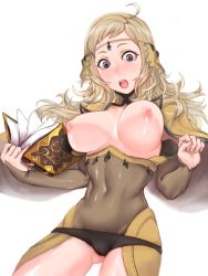 Rule 34 | 1girl, ahoge, alternate breast size, blonde hair, bodysuit, book, breasts, bursting breasts, cameltoe, covered navel, fire emblem, fire emblem fates, grey eyes, highres, holding, holding book, large breasts, long hair, nintendo, nipples, open book, open mouth, ophelia (fire emblem), pocari66, simple background, skin tight, solo, wavy hair, white background