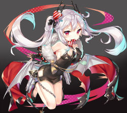 Rule 34 | 1girl, armpits, azur lane, bare shoulders, black background, black bow, black dress, black footwear, blue bow, blush, bow, box, breasts, bridal gauntlets, china dress, chinese clothes, commentary request, dress, fingernails, full body, fur collar, gift, gift box, gradient background, grey background, grey wings, hair between eyes, hair bow, hair ornament, heart, heart-shaped box, heart hair ornament, high heels, highres, holding, holding gift, long hair, looking at viewer, low wings, metal wings, mokyu, pink bow, polka dot, red eyes, silver hair, sleeveless, sleeveless dress, small breasts, solo, twintails, v-shaped eyebrows, vampire (azur lane), vampire (the breath of spring) (azur lane), very long hair, wings