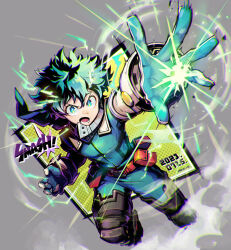 Rule 34 | 1boy, absurdres, artist name, belt, belt buckle, belt pouch, bodysuit, boku no hero academia, buckle, chromatic aberration, dated, diffraction spikes, drop shadow, dust cloud, dutch angle, electricity, energy, foreshortening, freckles, full body, gloves, green bodysuit, green eyes, green gloves, green hair, grey background, halftone, halftone background, hands up, highres, looking at viewer, lower teeth only, male focus, mecyo (mamezurushiki), midair, midoriya izuku, motion blur, open mouth, outside border, outstretched arm, outstretched hand, paneled background, pouch, reaching, reaching towards viewer, red belt, shockwave, short hair, snap-fit buckle, solo, teeth, text focus, two-tone gloves, utility belt, v-shaped eyebrows, western comics (style), white gloves