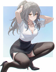 1girl ai-assisted amiki_yuzuru black_footwear black_skirt black_thighhighs blue_background border breasts chromatic_aberration cleavage closed_mouth collarbone collared_shirt commentary_request gradient_background grey_hair hair_between_eyes high_heels highres honkai:_star_rail honkai_(series) light_blush medium_breasts office_lady outside_border pencil_skirt ponytail shirt short_hair skirt solo squatting stelle_(honkai:_star_rail) thighhighs trailblazer_(honkai:_star_rail) tying_hair white_background white_border yellow_eyes