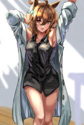 Rule 34 | 1girl, absurdres, agnes tachyon (umamusume), ahoge, animal ears, armpits, arms up, black necktie, black shirt, bottomless, breasts, brown hair, coat, commentary request, earrings, highres, horse ears, horse girl, jewelry, lab coat, looking at viewer, loose necktie, medium breasts, morning, naked shirt, necktie, okitsugu, open clothes, open coat, open mouth, shirt, short hair, single earring, sleeveless, sleeveless shirt, solo, thighs, umamusume, white coat