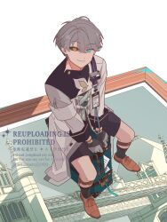 1boy amanatsu_(amanatu5069) between_legs black_sclera black_shorts black_socks blue_eyes brown_shoes coat colored_sclera from_above full_body gloves grey_gloves grey_hair hand_between_legs heterochromia highres id_card legwear_garter long_sleeves looking_at_viewer male_focus mismatched_sclera on_suitcase painting_(object) picture_frame reverse:1999 shoes short_hair shorts sitting smile socks solo watermark white_background white_coat x_(reverse:1999) yellow_eyes