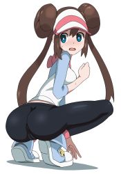 Rule 34 | 1girl, ass, black pantyhose, blue eyes, blue footwear, blush, breasts, brown hair, cameltoe, creatures (company), double bun, embarrassed, female focus, from behind, full body, game freak, hair bun, hair tie, hand up, hat, highres, long hair, looking back, looking to the side, medium breasts, nintendo, open mouth, pantyhose, pink hat, pink socks, pokemon, pokemon bw2, rayphenos, rosa (pokemon), shirt, shoes, simple background, socks, solo, squatting, sweat, twintails, visor cap, white background, white hat, white shirt