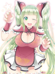 Rule 34 | 1girl, ;d, blunt bangs, blush, breasts, chinese clothes, cleavage, cleavage cutout, clothing cutout, fang, green eyes, green hair, hattori masaki, large breasts, long hair, matching hair/eyes, miniskirt, nail art, nail polish, one eye closed, open mouth, original, paw pose, ringed eyes, skirt, smile, solo, star (symbol), twintails, very long hair, white skirt, wink, yin yang