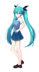 Rule 34 | 1girl, ahoge, aqua eyes, aqua hair, bad id, bad pixiv id, breasts, commission, full body, hair ribbon, hands on own hips, hatsune miku, long hair, looking at viewer, medium breasts, pleated skirt, ribbon, skirt, smile, solo, standing, topu, twintails, vocaloid, white background