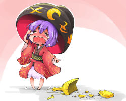 Rule 34 | &gt; &lt;, 1girl, barefoot, bowl, bowl hat, broken, closed eyes, crying, female focus, hammer, hat, highres, japanese clothes, kimono, long sleeves, mini person, minigirl, obi, open mouth, pointing, purple hair, sash, shinapuu, solo, sukuna shinmyoumaru, touhou, underwear, wavy mouth, white background, wide sleeves