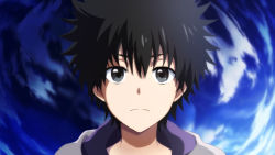 Rule 34 | 1boy, black hair, blue background, brown eyes, closed mouth, commentary, english commentary, fog (erpr3844), highres, hood, hoodie, kamijou touma, looking at viewer, male focus, purple hood, serious, short hair, solo, spiked hair, split mouth, straight-on, toaru majutsu no index, upper body, white hoodie