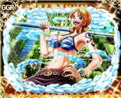 Rule 34 | 1girl, breasts, cleavage, cloud, female focus, large breasts, nami (one piece), navel, one piece, one piece: treasure cruise, orange hair, outdoors, skirt, sky, sky island, solo, tagme, tattoo