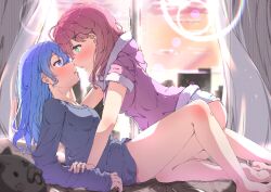 Rule 34 | 2girls, 35p (sakura miko), absurdres, ahoge, bare legs, barefoot, blue eyes, blue hair, blue sweater, blurry, blurry background, blush, breasts, closed mouth, commentary, curtains, dawn, eye contact, face-to-face, feet, from side, green eyes, hair ornament, highres, hitakami, hololive, hood, hoodie, hoshimachi suisei, indoors, legs, lens flare, long hair, long sleeves, looking at another, medium breasts, medium hair, multiple girls, no pants, noses touching, parted lips, pink hair, pink hoodie, profile, sakura miko, short shorts, short sleeves, shorts, soles, stuffed animal, stuffed cat, stuffed toy, sweater, symbol-only commentary, toes, virtual youtuber, white shorts, window, x hair ornament, yuri