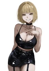 Rule 34 | 1girl, arm behind back, bare arms, bare shoulders, belt, belt collar, black belt, black camisole, black skirt, blonde hair, blunt bangs, breasts, camisole, cleavage, collar, collarbone, commission, fingernails, garter straps, grin, hand on own chest, highres, labret piercing, large breasts, looking at viewer, midriff, mole, multiple belts, nail polish, original, piercing, raberu ruru, red nails, shiny clothes, shirt, short hair, simple background, skeb commission, skirt, sleeveless, sleeveless shirt, smile, solo, white background, yellow eyes