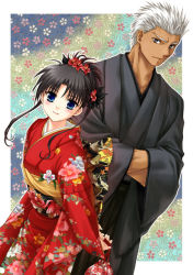 Rule 34 | 00s, 1boy, 1girl, 2005, alternate hairstyle, archer (fate), black hair, blue eyes, blush, brown eyes, dark skin, dark-skinned male, fate/stay night, fate (series), floral background, floral print, flower, folded ponytail, hands in opposite sleeves, height difference, japanese clothes, kimono, sato-pon, tohsaka rin, white hair