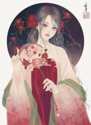 Rule 34 | 1girl, border, branch, brown hair, camellia, chinese clothes, commentary request, fingernails, floral print, flower, green shawl, grey eyes, hair flower, hair ornament, hand fan, hanfu, head tilt, highres, holding, holding fan, long hair, long sleeves, looking at viewer, original, paper fan, parted lips, red flower, red robe, robe, round border, seal impression, signature, solo, standing, uchiwa, upper body, ushiyama ame, very long hair, wavy hair, white robe, wide sleeves