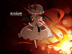 Rule 34 | &gt;:), 1girl, ankle socks, bat wings, blue hair, covering own mouth, demon girl, evil, female focus, flat chest, frilled shirt, frilled skirt, frills, hat, hat ribbon, mota, puffy short sleeves, puffy sleeves, red eyes, remilia scarlet, ribbon, shirt, short hair, short sleeves, skirt, smile, socks, solo, spear the gungnir, touhou, weapon, wings