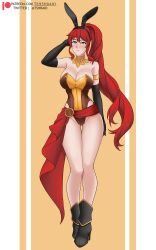Rule 34 | 1girl, absurdres, animal ears, breasts, cleavage, commentary, elbow gloves, english commentary, fake animal ears, full body, gloves, green eyes, high heels, highres, large breasts, leotard, long hair, looking at viewer, patreon logo, patreon username, playboy bunny, ponytail, pyrrha nikos, rabbit ears, red hair, rwby, solo, strapless, strapless leotard, tehshraid, twitter username, very long hair