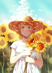 Rule 34 | 1girl, blue sky, cloud, dress, dungeon meshi, elf, flower, green eyes, hat, highres, holding, holding flower, looking at viewer, marcille donato, pointy ears, shako (shaco flat), sky, smile, straw hat, sunflower, white dress