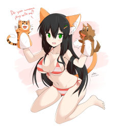 Rule 34 | 1girl, animal ears, artist self-insert, bikini, black hair, blush, breasts, cat ears, cat tail, english text, front-tie top, green eyes, hair ornament, hairclip, hand puppet, highres, large breasts, long hair, looking at viewer, open mouth, original, puppet, side-tie bikini bottom, sitting, sollyz, solo, striped bikini, striped clothes, swimsuit, tail, wariza