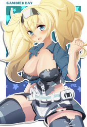 Rule 34 | 1girl, absurdres, black bra, blonde hair, blue background, blue eyes, bra, breast pocket, breasts, character name, cleavage, cowboy shot, gambier bay (kancolle), hair between eyes, highres, kantai collection, large breasts, long hair, pocket, print bra, psidubs, shorts, sitting, solo, star (symbol), star print, starry background, torn clothes, twintails, underwear, white shorts