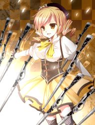 Rule 34 | 10s, 1girl, bad id, bad pixiv id, beret, blonde hair, blush, boots, breasts, brown thighhighs, checkered background, detached sleeves, drill hair, fate (series), feathers, female focus, fingerless gloves, fire, gate of babylon (fate), gloves, gradient background, gun, hair ornament, hairpin, hat, highres, large breasts, magical girl, magical musket, mahou shoujo madoka magica, mahou shoujo madoka magica (anime), nonomichi, open mouth, outstretched arm, outstretched hand, pleated skirt, puffy sleeves, ribbon, rifle, skirt, smile, solo, striped clothes, striped thighhighs, teeth, thighhighs, tomoe mami, twin drills, vertical-striped clothes, vertical-striped thighhighs, weapon, yellow eyes, zettai ryouiki