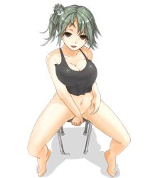 Rule 34 | 1girl, arm support, bad id, bad pixiv id, barefoot, bottomless, breasts, brown eyes, cleavage, convenient censoring, eiri (eirri), green hair, hair ornament, large breasts, looking at viewer, navel, one side up, open mouth, original, sitting, solo, spread legs