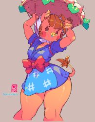 Rule 34 | 1girl, aged up, animal crossing, animal ears, apron, arms up, artist name, basket, blue kimono, blunt bangs, blush, blush stickers, bow, breasts, brown background, brown eyes, brown hair, cropped legs, daisy mae (animal crossing), earrings, female focus, furry, furry female, head scarf, highres, holding, japanese clothes, jewelry, kimono, leaf, looking to the side, nintendo, no mouth, object on head, pig ears, pig tail, rope, sash, shiny skin, short hair, short kimono, short sleeves, signature, simple background, single earring, small breasts, snot, snout, solo, standing, starmilk, tail, thick thighs, thighs, turnip, twitter username, watermark, wide hips, yen sign
