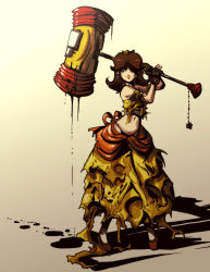 Rule 34 | 1girl, blood, blue eyes, bow, brown hair, crown, dress, earrings, fingerless gloves, flipped hair, flower, gloves, gradient background, grey background, hair over one eye, hammer, highres, holding, jay phenrix, jewelry, mario (series), midriff, navel, nintendo, out of character, panties, princess daisy, sarashi, short hair, solo, super mario bros. 1, super mario land, torn clothes, torn dress, underwear, weapon, yellow background