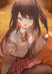 Rule 34 | 1girl, autumn leaves, black hair, black thighhighs, blue eyes, blush, bow, bowtie, brown jacket, colored inner hair, hair ornament, highres, holding, holding leaf, jacket, kaga nazuna, leaf, long hair, looking at object, lupinus virtual games, mole, mole under eye, multicolored hair, nomo (no mo), off shoulder, open clothes, open jacket, open mouth, pinching sleeves, pink hair, plaid, plaid skirt, red bow, red bowtie, red skirt, shirt, sitting, skirt, sleeves past wrists, smile, solo, thighhighs, two-tone hair, virtual youtuber, vspo!, white shirt