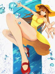 Rule 34 | 1girl, absurdres, blue eyes, breasts, commentary request, dress, full body, grin, hat, highres, long hair, looking at viewer, medium breasts, neon genesis evangelion, ocean, official alternate costume, orange hair, outstretched arms, simple background, smile, solo, souryuu asuka langley, water drop, yellow dress, zero-boites