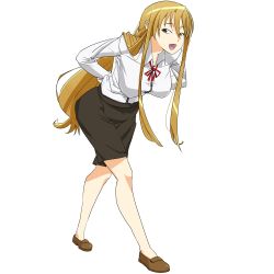 Rule 34 | 1girl, blonde hair, breasts, clothes, hanging breasts, highschool of the dead, huge breasts, leaning forward, marikawa shizuka, open mouth, simple background, skirt, solo, standing, teacher, white background