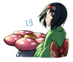Rule 34 | 1girl, back bow, black hair, blush, bow, closed mouth, creatures (company), erika (pokemon), game freak, gen 1 pokemon, green kimono, hairband, japanese clothes, kimono, long sleeves, looking at viewer, nintendo, pinguinkotak, pokemon, pokemon (creature), pokemon lgpe, red bow, red hairband, short hair, smile, upper body, vileplume, wide sleeves