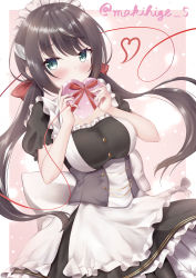 Rule 34 | 1girl, absurdres, apron, artist name, azur lane, back bow, black dress, bow, box, breasts, brown hair, dress, frilled dress, frilled hairband, frills, gift, gift box, glasgow (azur lane), green eyes, hairband, heart-shaped box, highres, holding, holding box, long hair, maid headdress, makihige, medium breasts, pantyhose, solo, string, string of fate, twintails, two-tone dress, underbust, valentine, waist apron, white apron, white bow, white dress