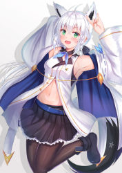 Rule 34 | 1girl, :d, ahoge, animal ears, armpits, arms up, azur lane, belt, black skirt, braid, breasts, brown pantyhose, coat, cocoasabure, detached collar, fox ears, fox girl, fox shadow puppet, fox tail, green eyes, highres, hololive, leg up, long hair, looking at viewer, miniskirt, navel, off shoulder, open clothes, open coat, open mouth, pantyhose, pleated skirt, shirakami fubuki, shirt, shoes, sidelocks, skirt, sleeveless, sleeveless shirt, small breasts, smile, solo, stomach, tail, virtual youtuber, white coat, white hair, white shirt, wide sleeves
