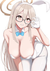 Rule 34 | akane (blue archive), akane (bunny) (blue archive), animal ears, aqua bow, aqua bowtie, bent over, blue archive, bow, bowtie, breasts, brown eyes, cleavage, detached collar, unworn eyewear, fake animal ears, glasses, gloves, hair between eyes, half gloves, halo, hanging breasts, highres, holding, holding removed eyewear, kana (wucz8478), large breasts, leotard, light brown hair, long hair, official alternate costume, pantyhose, playboy bunny, rabbit ears, smile, strapless, strapless leotard, traditional bowtie, white background, white gloves, white leotard, white pantyhose