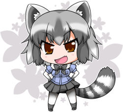 Rule 34 | &gt;:d, 10s, 1girl, :d, animal ears, bad id, bad pixiv id, blue shirt, blush, bodystocking, brown eyes, chibi, collar, common raccoon (kemono friends), eyelashes, fang, floral background, full body, fur collar, gradient hair, grey hair, grey ribbon, grey skirt, grey socks, hands on own hips, kemono friends, kneehighs, looking at viewer, multicolored hair, neck ribbon, noai nioshi, open mouth, outline, pantyhose, pleated skirt, pocket, puffy short sleeves, puffy sleeves, raccoon ears, raccoon tail, ribbon, shirt, short hair, short sleeves, skirt, smile, socks, solo, standing, striped tail, tail, tsurime, two-tone hair, v-shaped eyebrows, white background, white hair, white outline