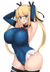 Rule 34 | 1girl, alternate breast size, armpits, arms behind head, black ribbon, blonde hair, blue eyes, blue leotard, blue one-piece swimsuit, boots, breasts, covered navel, dead or alive, dead or alive 5, elbow gloves, frills, gloves, hair ornament, hair ribbon, highres, huge breasts, leotard, long hair, looking at viewer, marie rose, one-piece swimsuit, ribbon, smile, solo, swimsuit, thigh boots, thighs, twintails, x hair ornament, yamaori