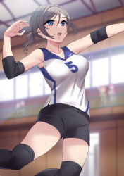 Rule 34 | 1girl, absurdres, alternate costume, alternate hairstyle, black shorts, blue eyes, blurry, blurry foreground, breasts, brown hair, collarbone, elbow pads, grey hair, gym shirt, gym uniform, hair pulled back, highres, indoors, jersey, jumping, knee pads, love live!, love live! sunshine!!, medium breasts, open mouth, playing sports, shirt, short hair, shorts, sleeveless, sleeveless shirt, sportswear, sweat, volleyball, volleyball uniform, watanabe you, yamaori (yamaorimon)
