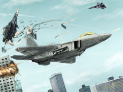 Rule 34 | ace combat, ace combat assault horizon, aerial battle, aircraft, airplane, battle, building, city, contrail, crushing, damaged, day, explosion, f-22, fighter jet, flying, highres, jet, military, military vehicle, missile, no humans, sky, smoke, su-35, thompson (solowingfh), vehicle focus