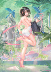 Rule 34 | 1girl, animal, artist name, ass, atdan, bare shoulders, bird, black hair, black jacket, blue bird, blue butterfly, breasts, bug, butterfly, butterfly hair ornament, commentary, dress, feet, flower, foot up, full body, hair ornament, high heels, highres, holding, holding clothes, holding jacket, insect, jacket, legs, looking at viewer, mannequin, medium breasts, mushroom, original, outdoors, pink footwear, plant, red eyes, revision, sandals, short hair, sideboob, smile, solo, standing, standing on one leg, stiletto heels, strapless, strapless dress, tiptoes, tree, unworn jacket, white dress