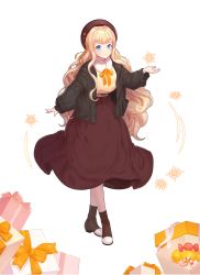 Rule 34 | 1girl, absurdres, black coat, blcackup, blue eyes, brown dress, brown footwear, candy, candy cane, christmas, coat, dress, food, full body, gift, hat, highres, long hair, long sleeves, looking at viewer, orange ribbon, outstretched hand, ribbon, seeu, simple background, snowflakes, solo, standing, very long hair, vocaloid, white background, wrapped candy