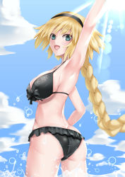 Rule 34 | 1girl, :d, absurdres, arm up, armpits, ass, bag, bikini, black bikini, black hairband, blonde hair, blue eyes, blue sky, braid, braided ponytail, breasts, butt crack, cloud, covered erect nipples, cowboy shot, day, fate/grand order, fate (series), floating hair, frilled bikini, frills, from behind, front-tie bikini top, front-tie top, hair between eyes, hairband, highres, jeanne d&#039;arc (fate), jeanne d&#039;arc (ruler) (fate), jeanne d&#039;arc (swimsuit archer) (fate), jeanne d&#039;arc (swimsuit archer) (first ascension) (fate), kamehito, large breasts, long hair, looking at viewer, open mouth, ponytail, sideboob, sky, smile, solo, standing, swimsuit, underboob, very long hair