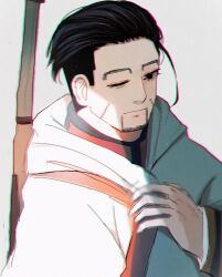 Rule 34 | 1boy, :|, black hair, carrying, carrying pole, chromatic aberration, closed mouth, expressionless, facial hair, goatee, golden kamuy, grey background, hair slicked back, highres, hood, hood down, hoodie, ke-a-ru, long sleeves, looking at viewer, male focus, ogata hyakunosuke, one eye closed, short hair, simple background, solo, undercut, upper body, white hoodie
