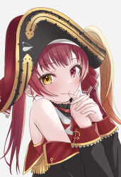 Rule 34 | 1girl, awaomi, bare shoulders, hat, highres, hololive, houshou marine, open mouth, red eyes, red hair, simple background, smile, solo, twintails, virtual youtuber, yellow eyes