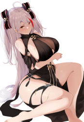 Rule 34 | 1girl, antenna hair, azur lane, bare shoulders, black bow, black dress, blush, bow, breasts, dress, hair bow, highres, itete, large breasts, legs, long hair, looking at viewer, mole, mole on breast, multicolored hair, prinz eugen (azur lane), prinz eugen (cordial cornflower) (azur lane), sideboob, silver hair, simple background, smile, solo, streaked hair, thick thighs, thigh strap, thighs, two side up, white background