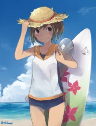 Rule 34 | 10s, 1girl, blouse, blue one-piece swimsuit, blush, brown hair, hand on headwear, hat, holding, holding clothes, holding hat, i-401 (kancolle), i-class destroyer, kantai collection, makihitsuji, one-piece swimsuit, purple eyes, shirt, short hair, sleeveless, sleeveless shirt, smile, solo, standing, straw hat, surfboard, swimsuit, white shirt