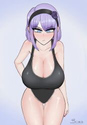 Rule 34 | 1girl, artist name, blue eyes, breasts, curvy, dagashi kashi, hair ornament, hairband, half-closed eyes, hand on own hip, highres, large breasts, leaning forward, long hair, looking at viewer, medium hair, one-piece swimsuit, purple hair, serious, shidare hotaru, solo, swimsuit, thick thighs, thighs, wide hips